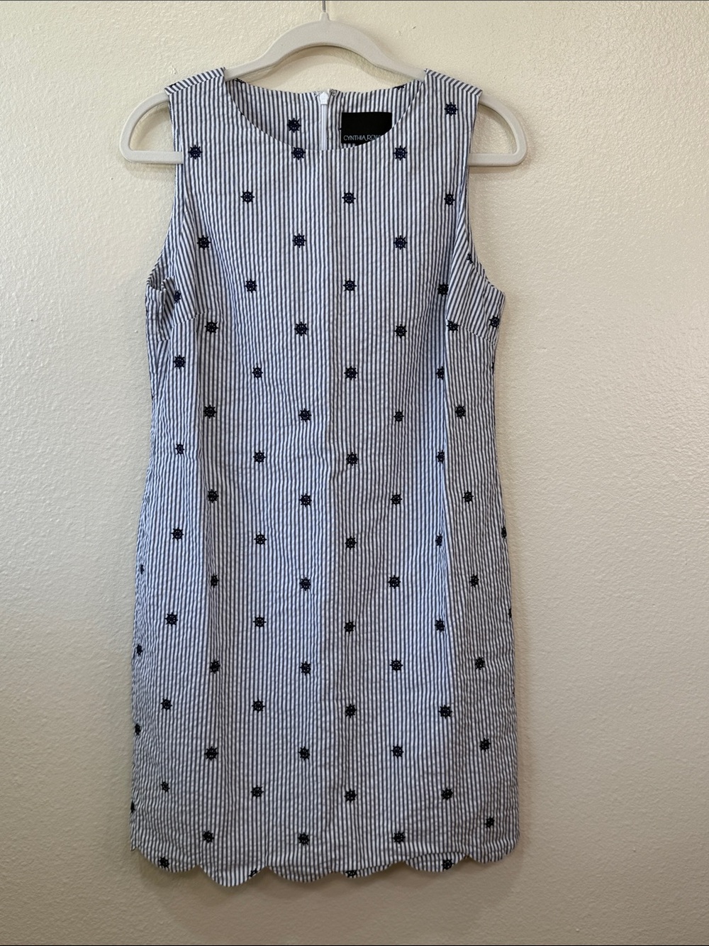 Cynthia Rowley Nautical Navy Stripe Anchor Embroidered Scallop Hem Dress Size 6